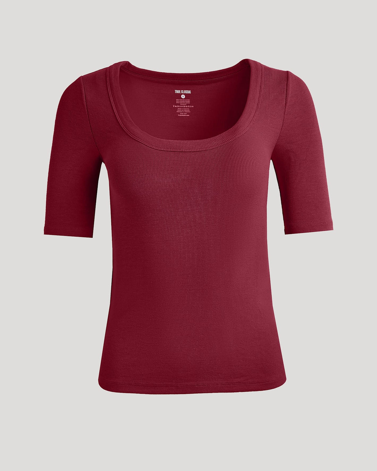 Womens Dark Maroon Ribbed 3/4 Sleeve Scoop Neck Tee