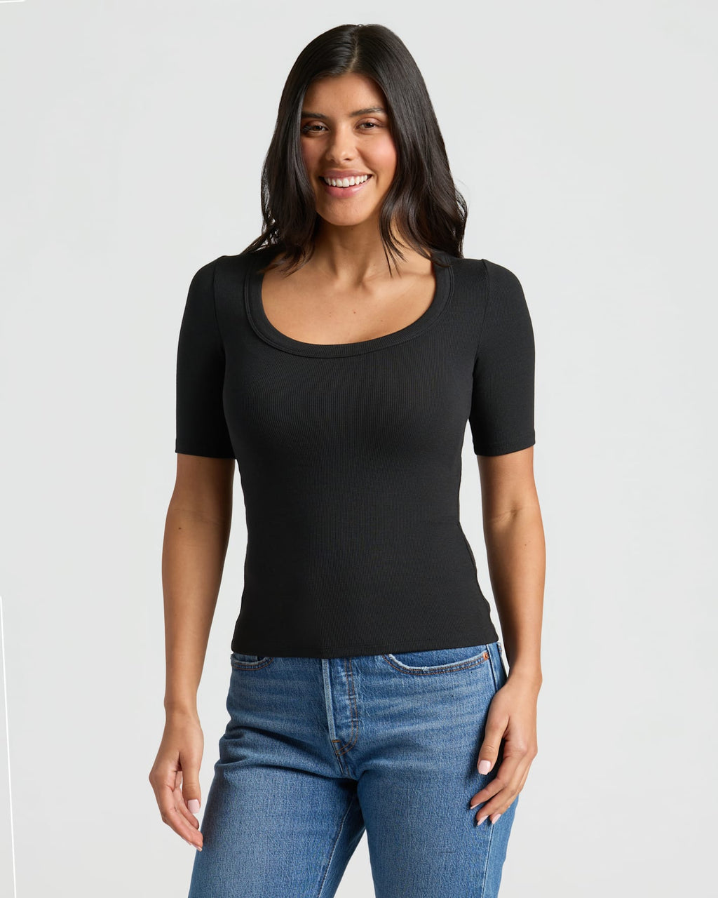 Womens Black Ribbed 3/4 Sleeve Scoop Neck Tee