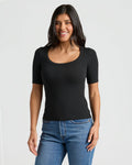Womens Black Ribbed 3/4 Sleeve Scoop Neck Tee