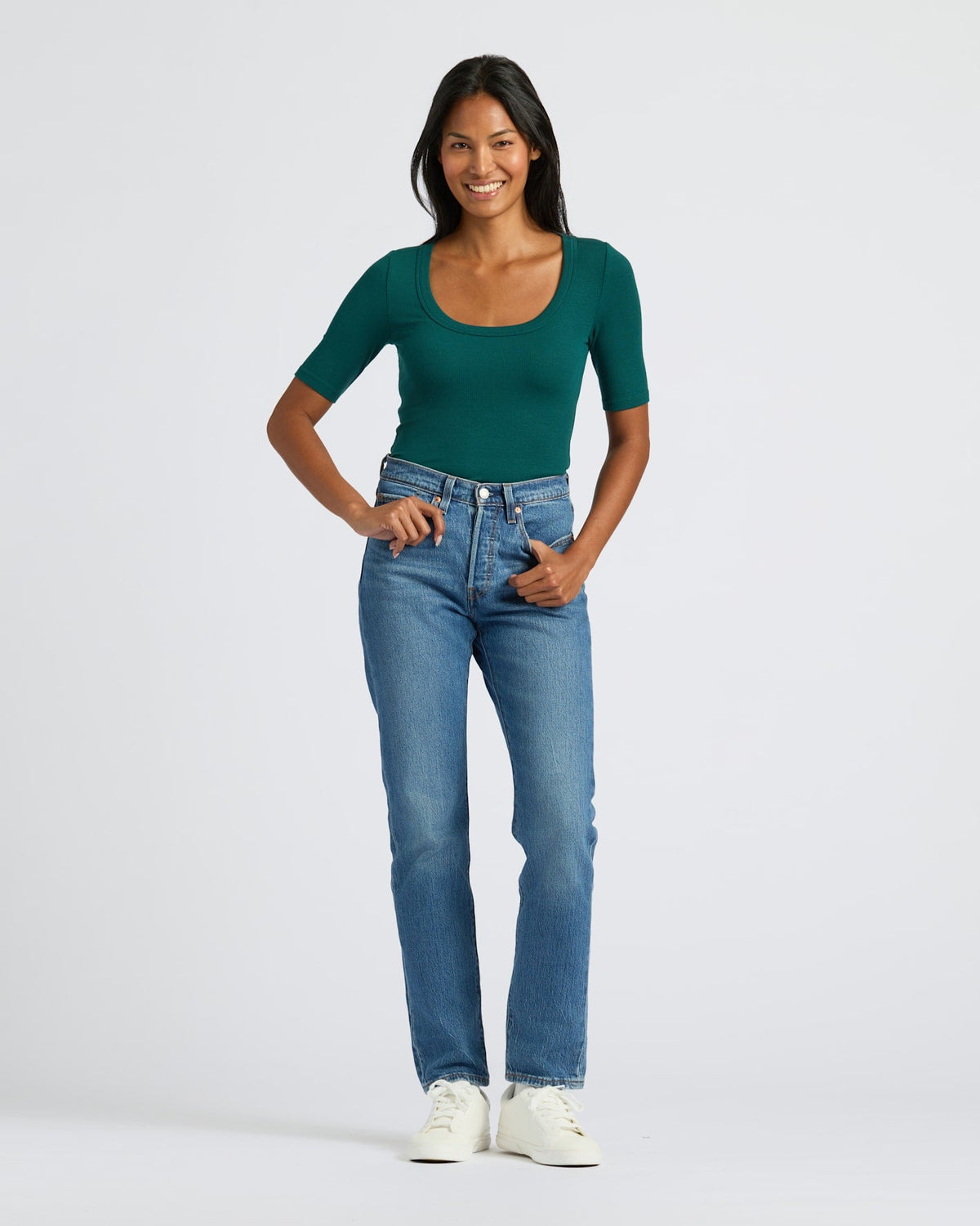 Womens Deep Emerald Ribbed 3/4 Sleeve Scoop Neck Tee