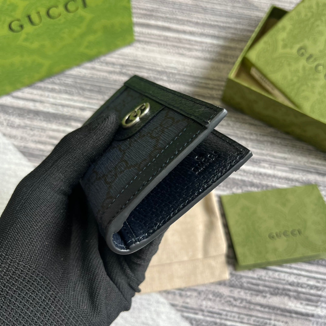 GUCCI OPHIDIA  12 CARD CASE DARK BLUE CANVAS AND BLACK CALFSKIN