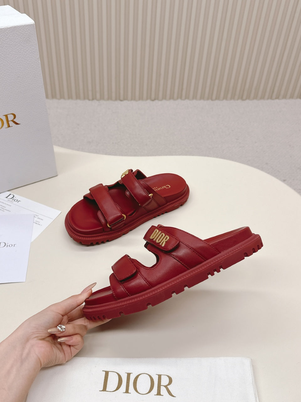 DIOR CLASSIC DOUBLE-STRAP SLIDES 25S IN DARK RED CALFSKIN