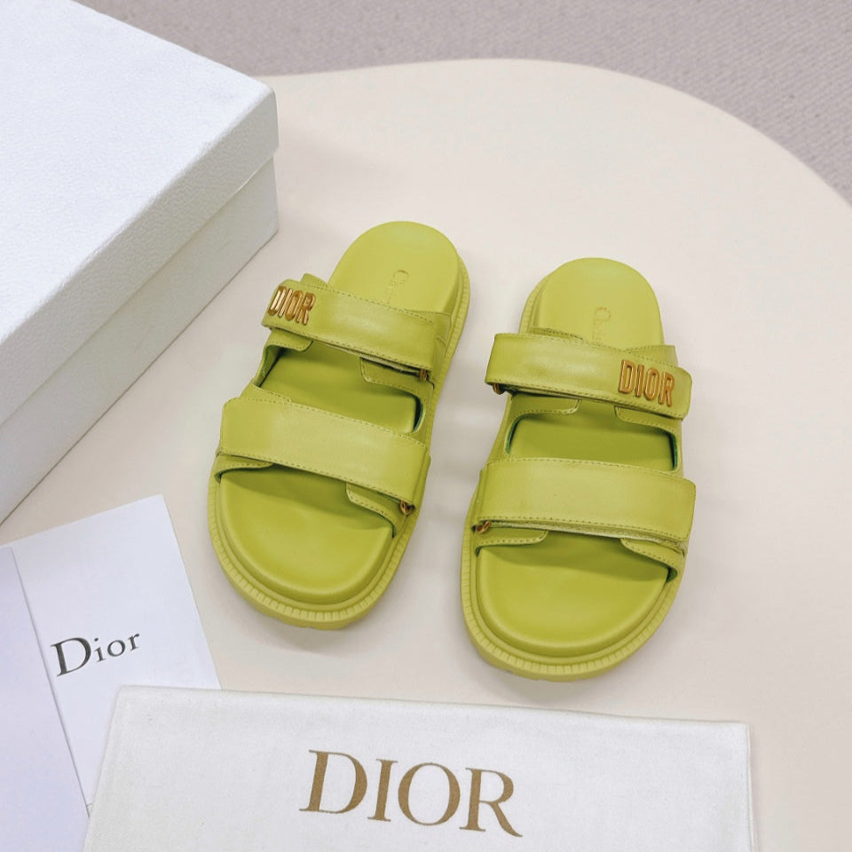 DIOR CLASSIC DOUBLE-STRAP SLIDES 25S IN OLIVE YELLOW CALFSKIN