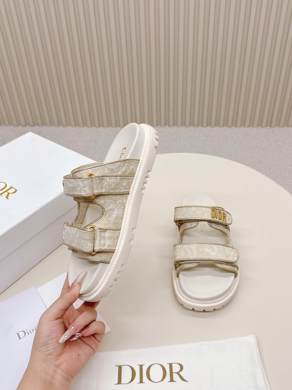 DIOR CLASSIC DOUBLE-STRAP SLIDES 25S IN WHITE MIX BEIGE FABRIC AND CALFSKIN