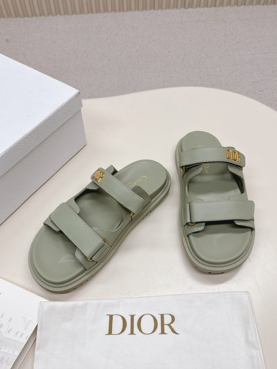 DIOR CLASSIC DOUBLE-STRAP SLIDES 25S IN LIGHT MOSS GREEN CALFSKIN
