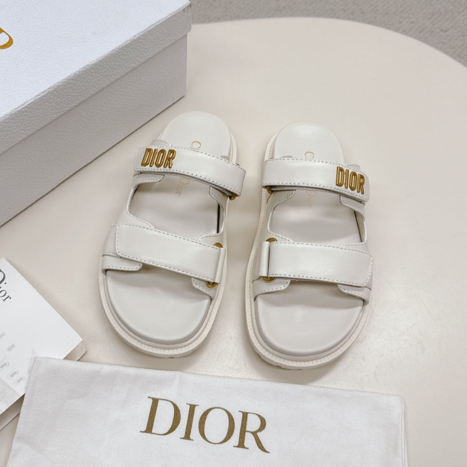 DIOR CLASSIC DOUBLE-STRAP SLIDES 25S IN CREAM WHITE CALFSKIN