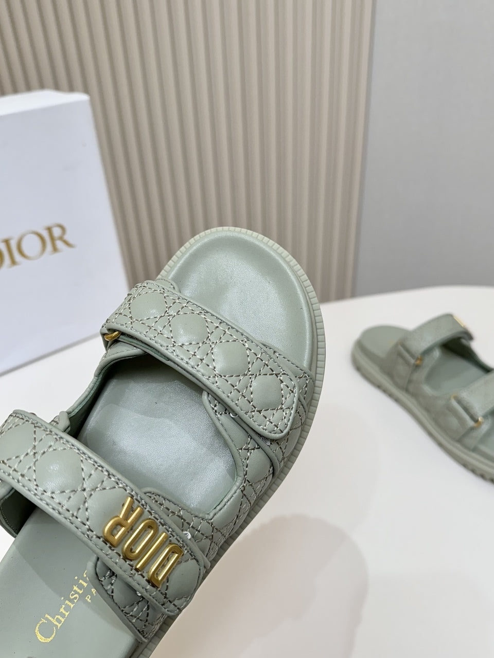 DIOR CLASSIC DOUBLE-STRAP SLIDES 25S IN PALE TEAL GRAY CALFSKIN