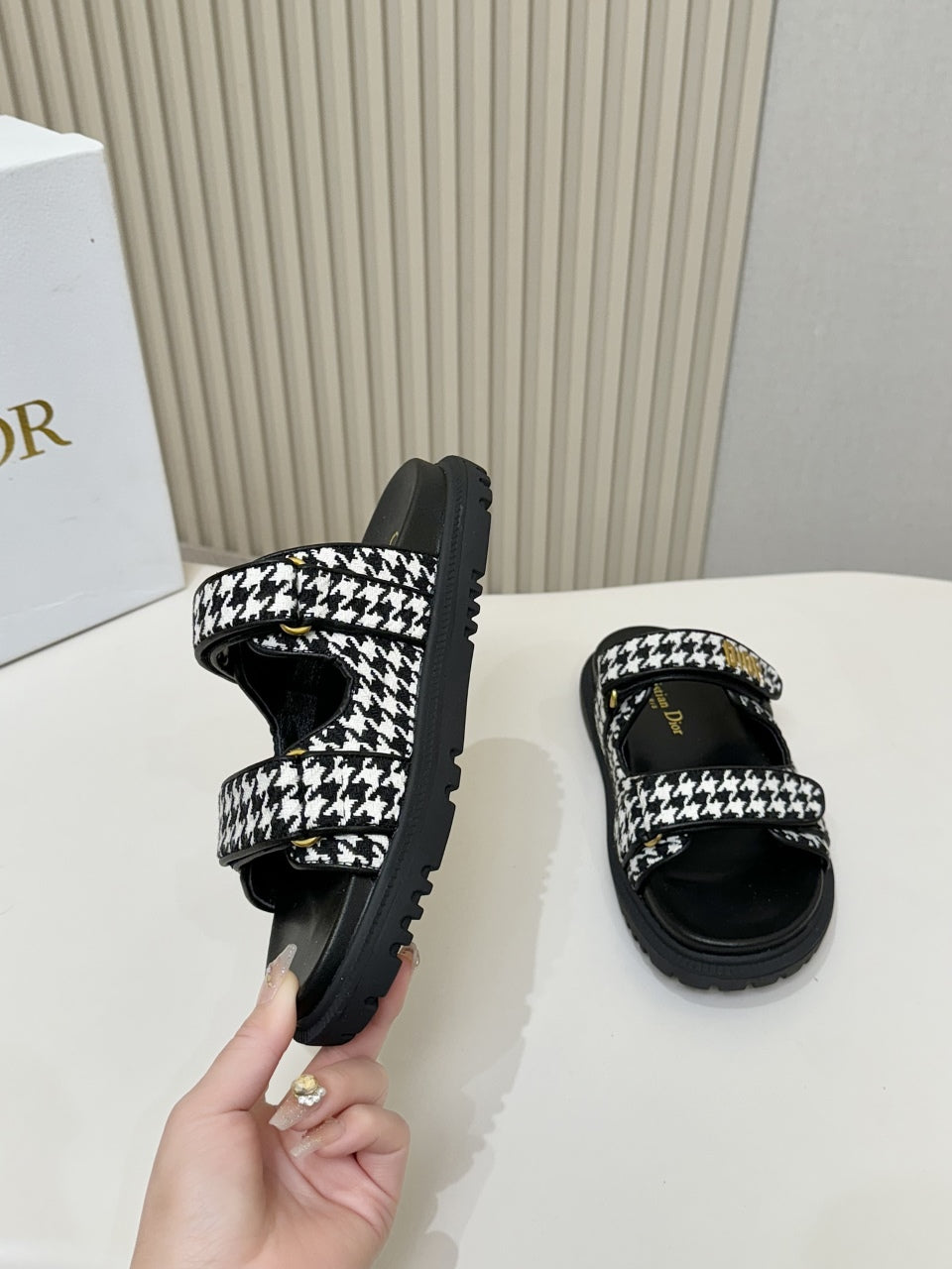 DIOR CLASSIC DOUBLE-STRAP SLIDES 25S IN WHITE MIX BLACK TWEED AND CALFSKIN