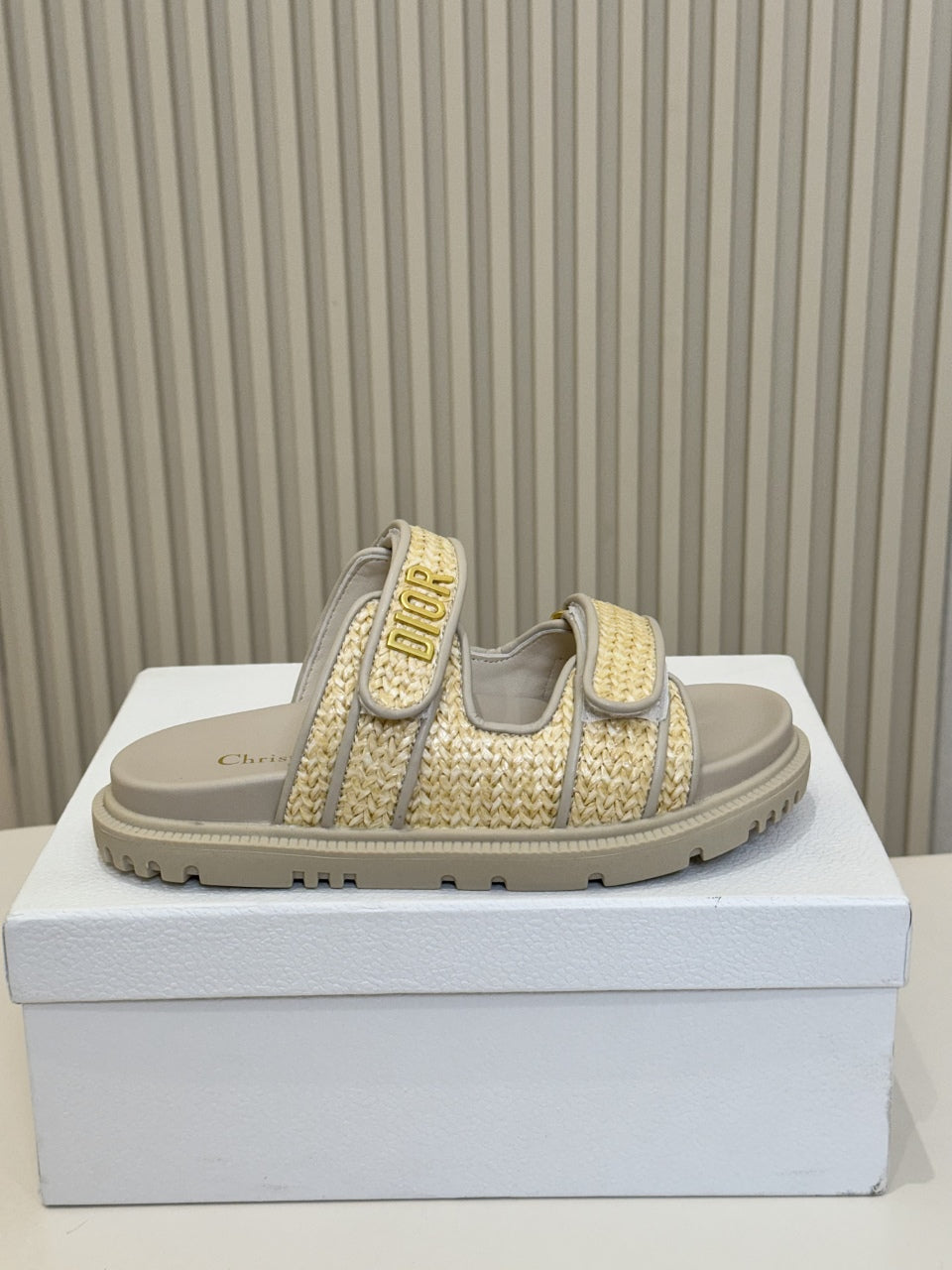 DIOR CLASSIC DOUBLE-STRAP SLIDES 25S IN BEIGE RAFFIA AND GREY CALFSKIN