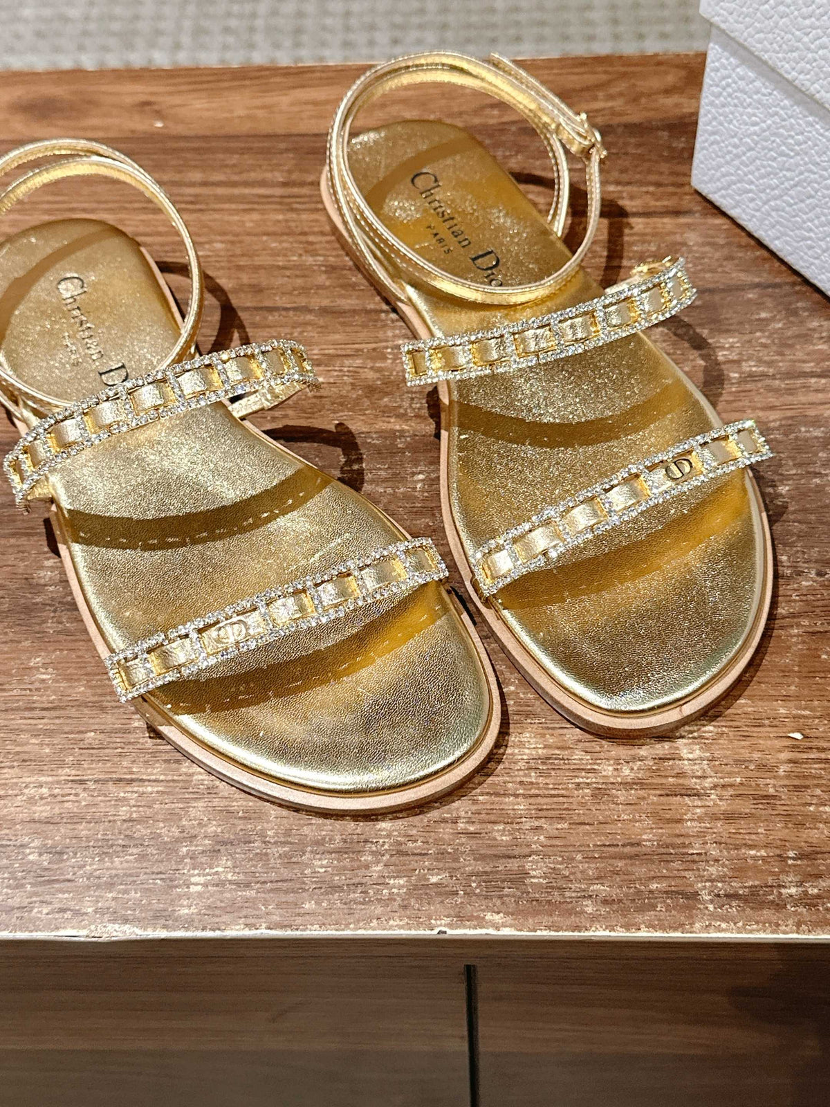 DIOR TWO-STRAP RHINESTONE SANDALS IN GOLD LAMBSKIN